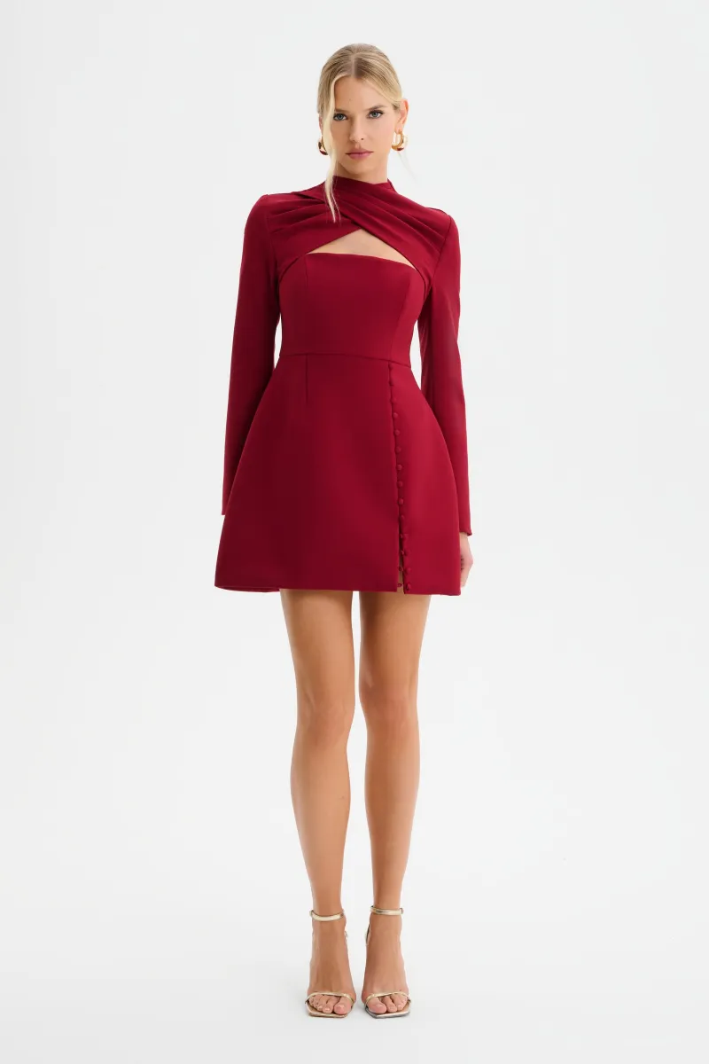 FIONA High Wrap Neck Tulip Mini Dress in Burgundy
