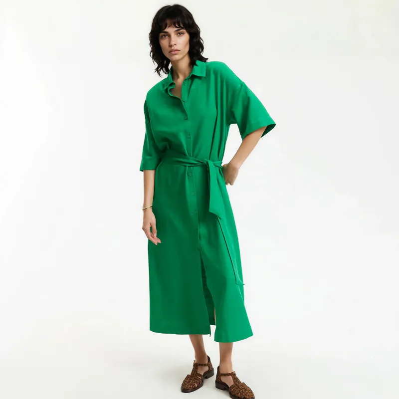 Belted Elbow Length Sleeve Maxi Shirt Dress — image 1 of 4