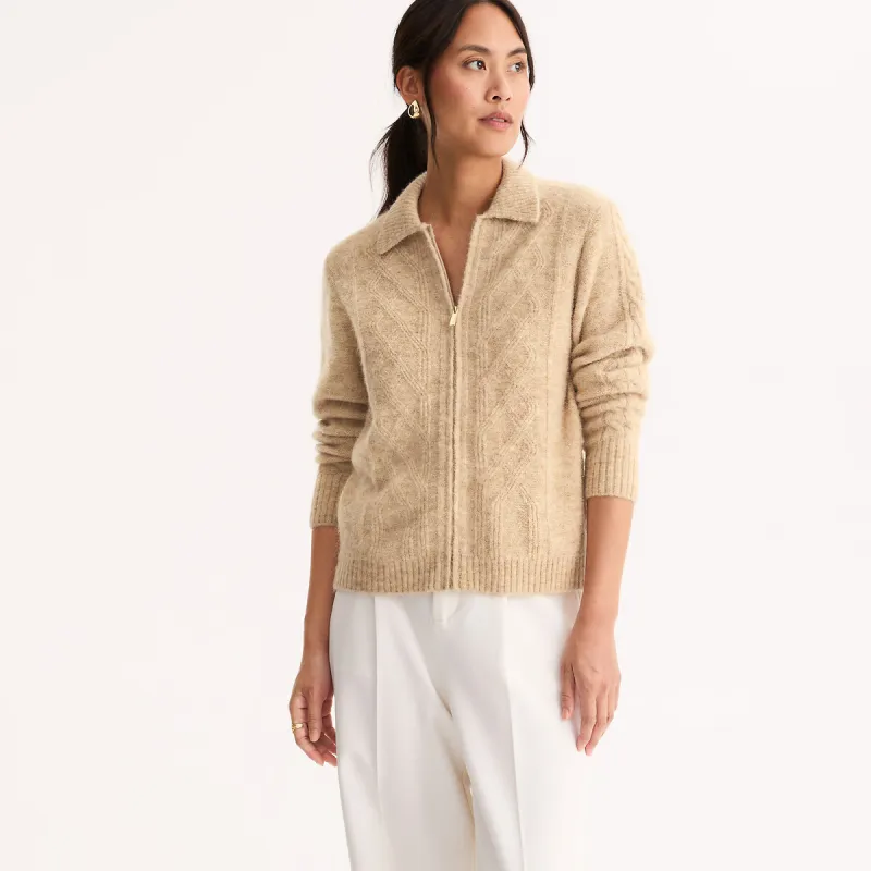 Wool/Alpaca Blend Cable Knit Zip-Up Polo Cardigan — image 1 of 4