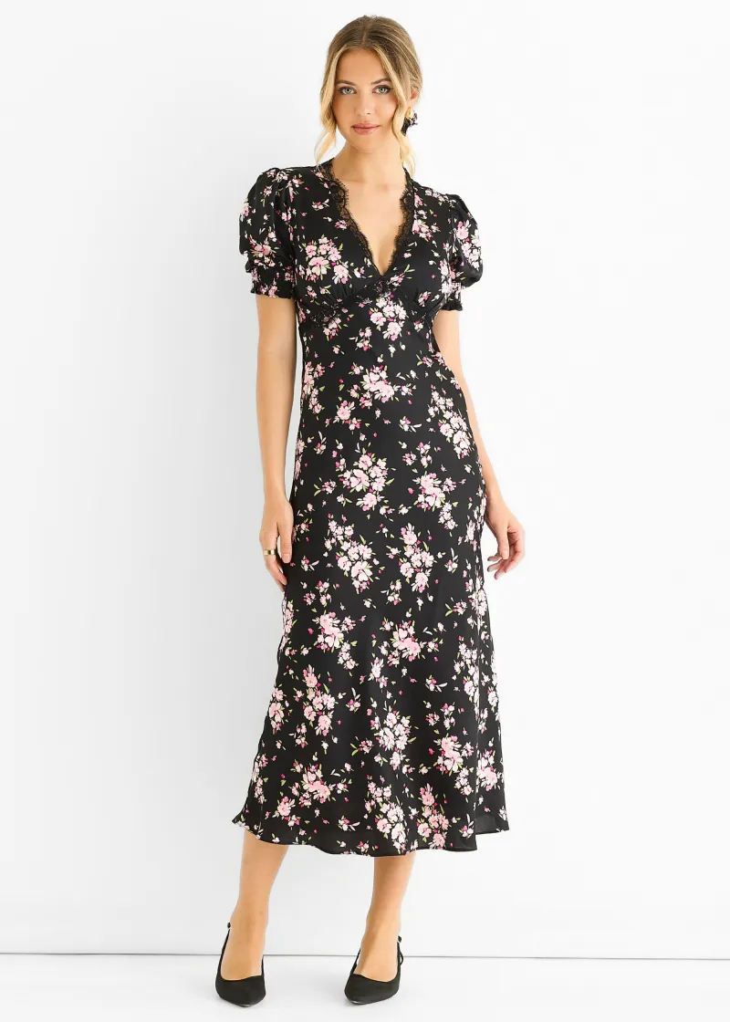 Black Floral Lace Trim Bias Midi Dress