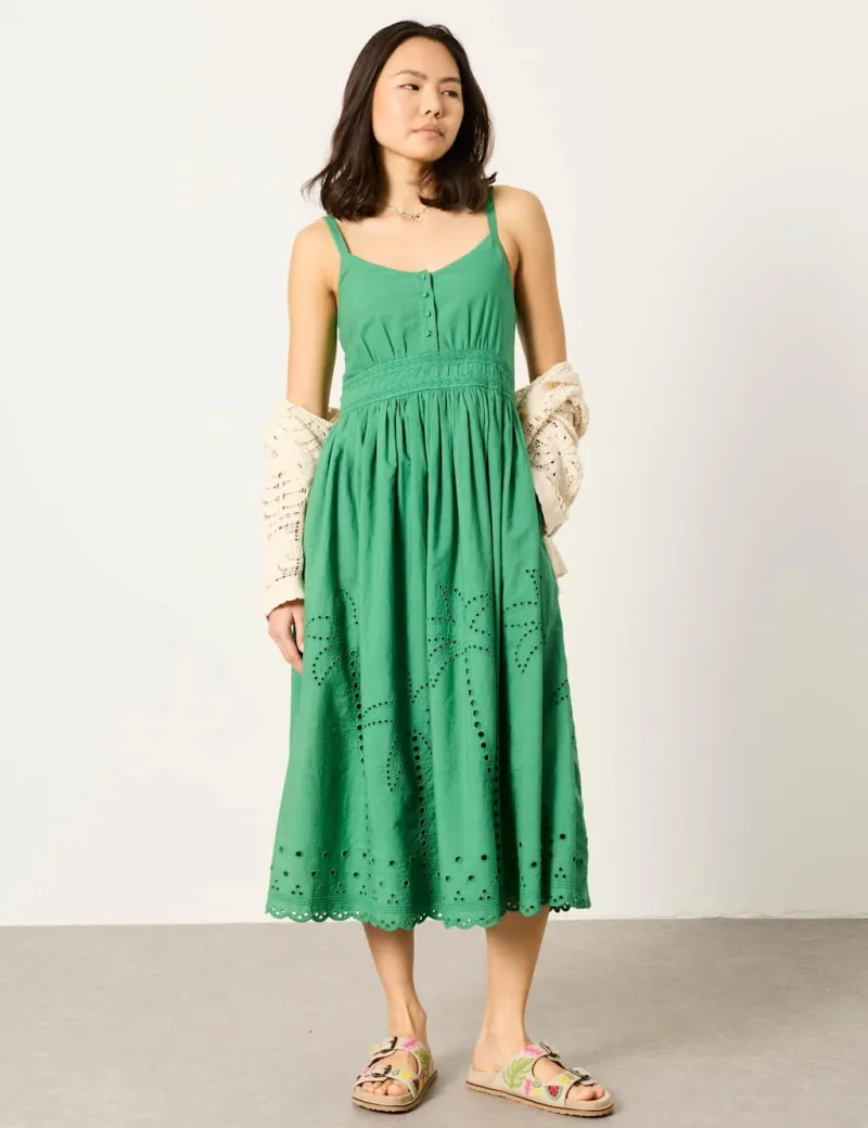 Pure Cotton Embroidered Midi Skater Dress Green