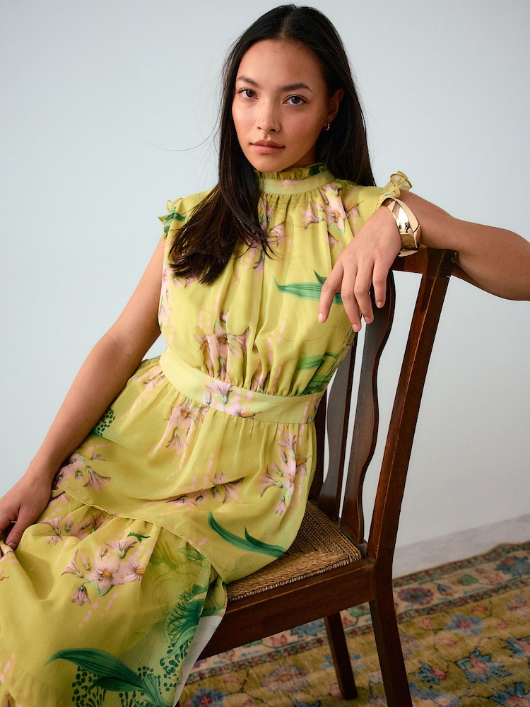 Kew Collection Yellow Floral Printed High Neck Tiered Occasion Maxi Dress