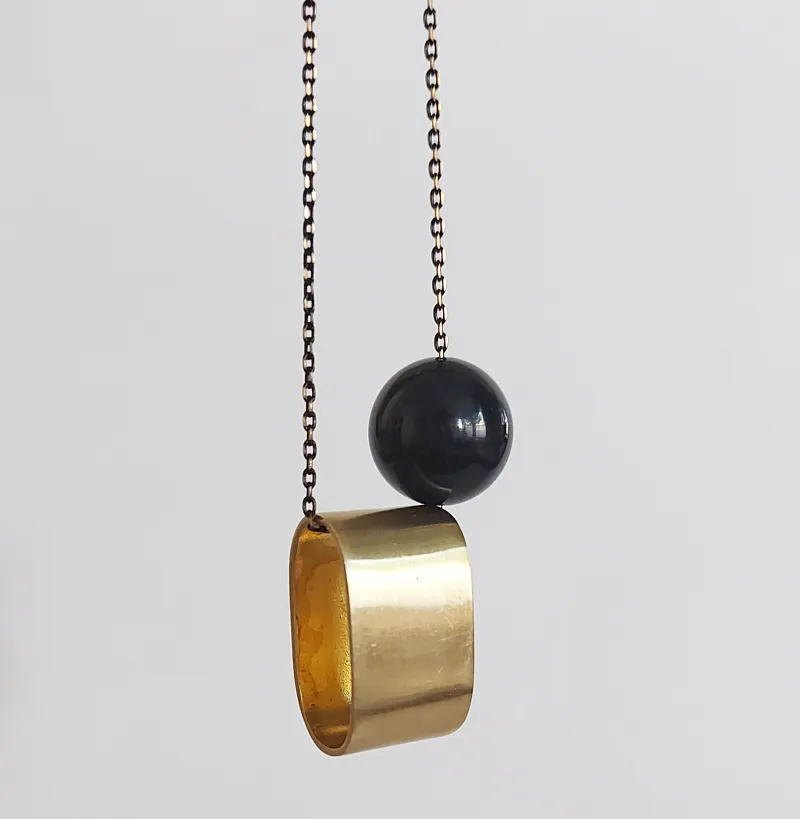 Brushed Brass Oval + Onyx Long Necklace — image 1 of 2