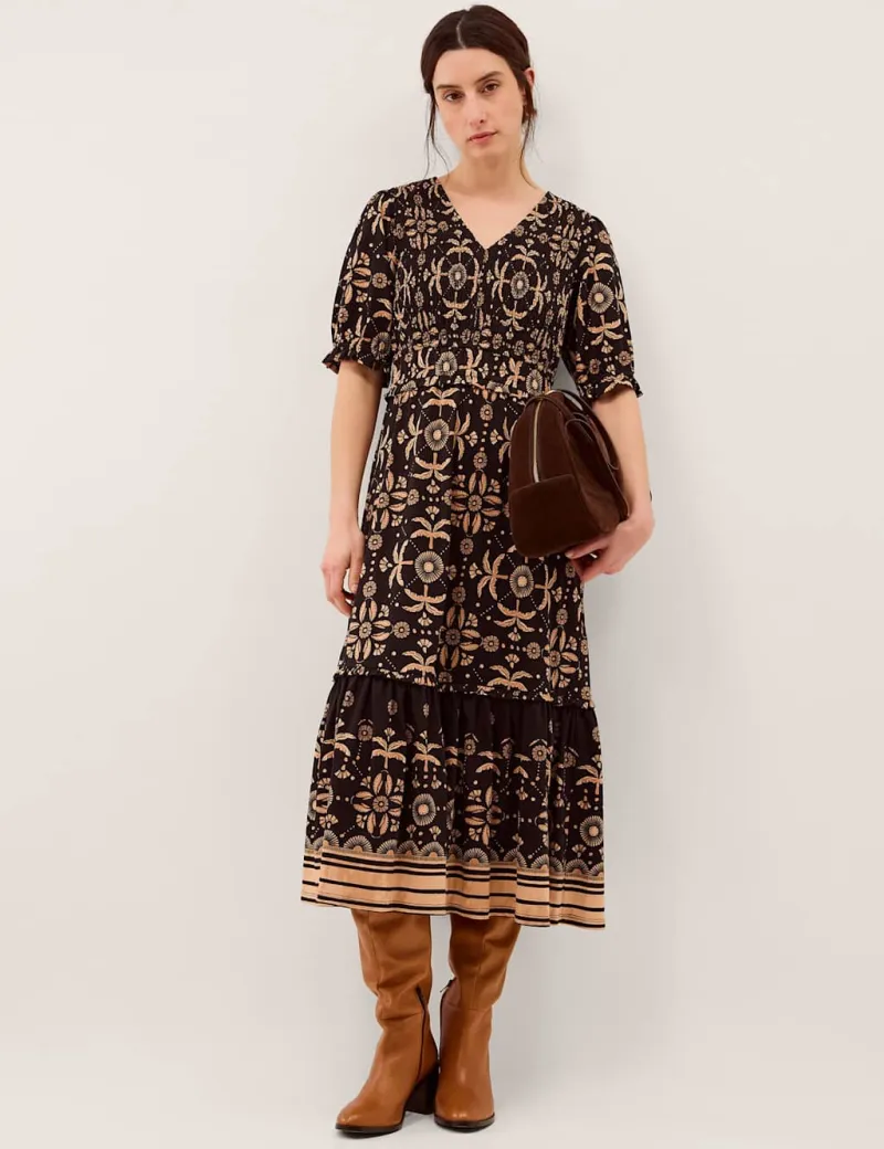 Pure Cotton Floral V-Neck Midi Waisted Dress Black Mix