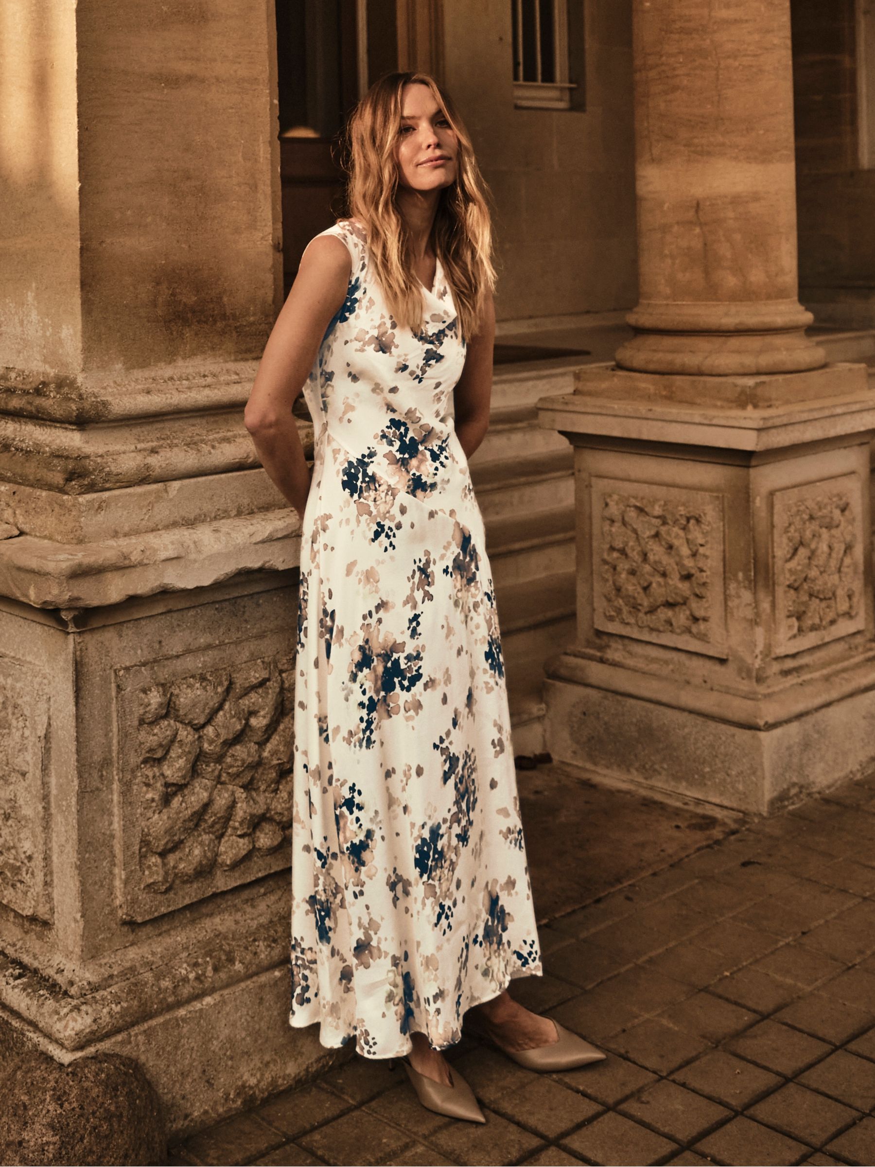 Liza Ivory Floral Regular Cowl Neck Midi Dress