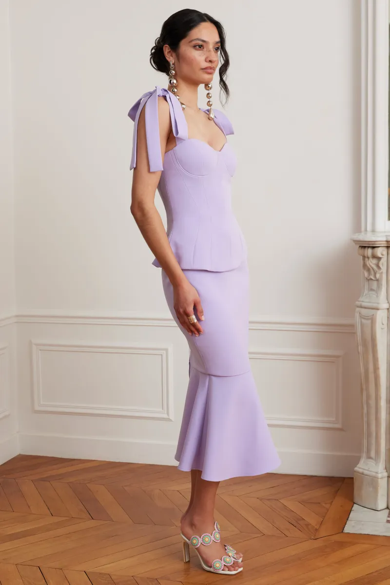 LEONA Tie Shoulder Peplum Fishtail Midi Dress In Lilac — image 1 of 5