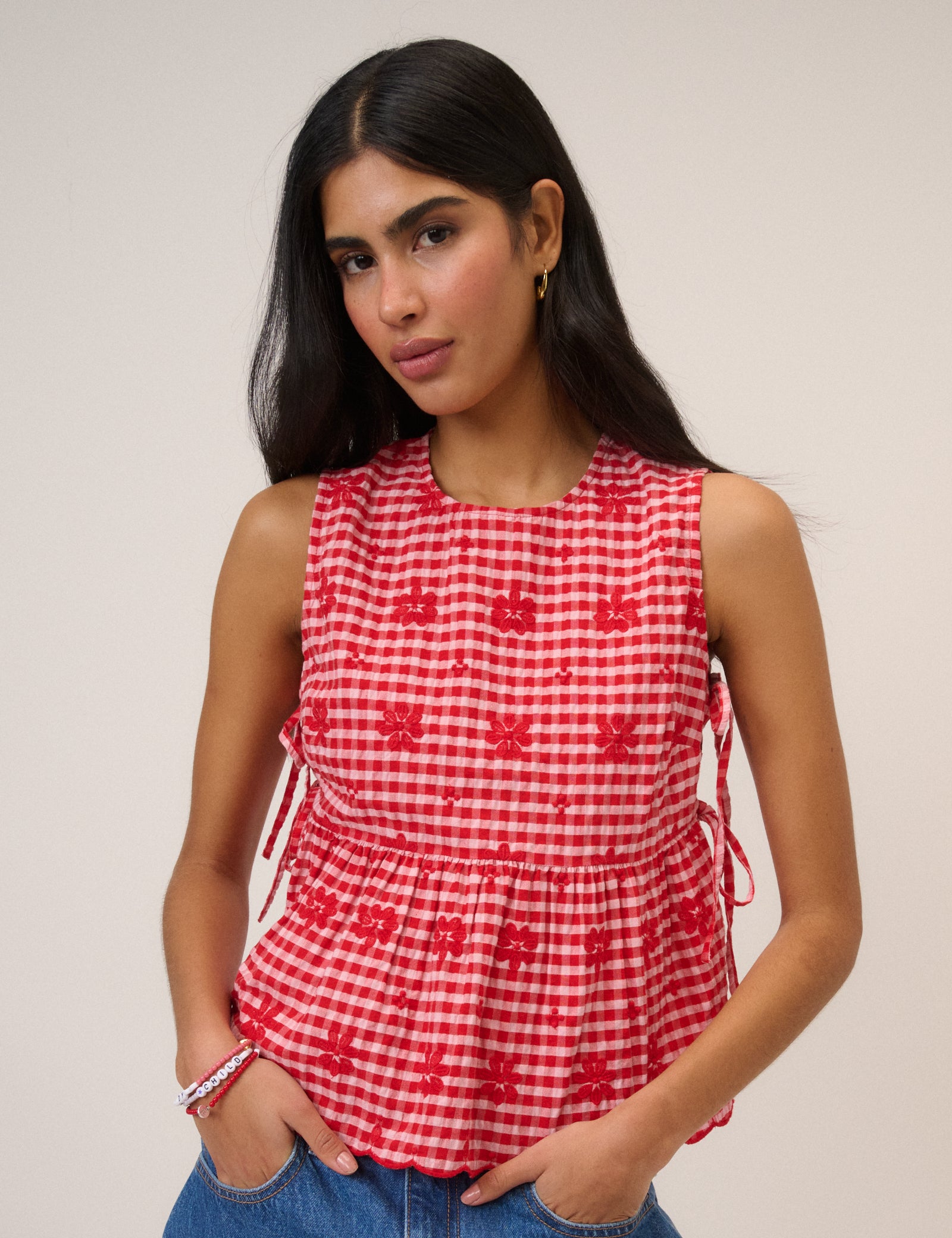 Red Gingham Sleeveless Tie Side Top