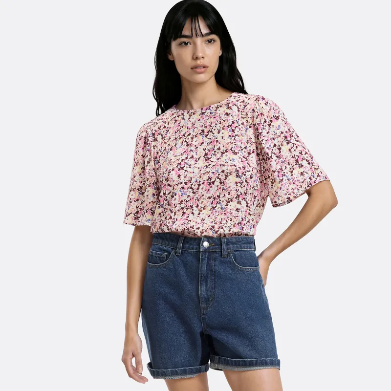 Floral Print Short Sleeve Back-Buttoned Blouse — image 1 of 4