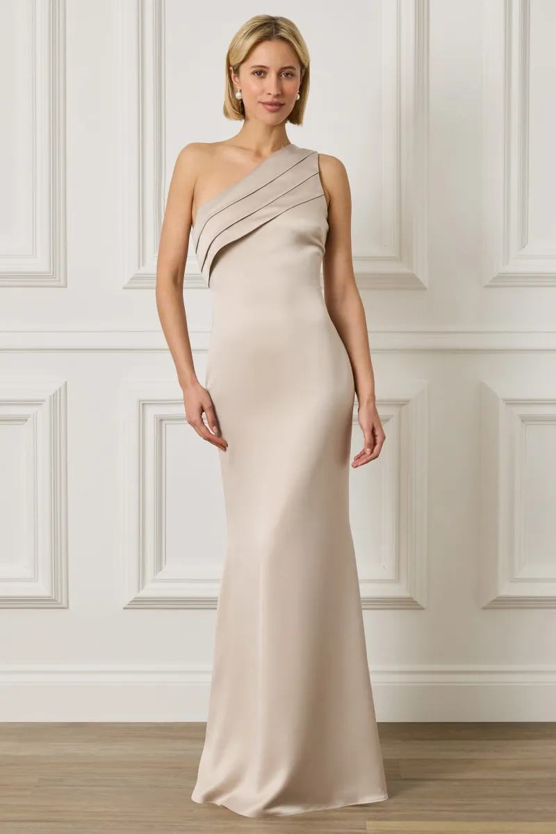 SADIE Asymmetric Pleated Satin Maxi Dress in Champagne — image 1 of 5