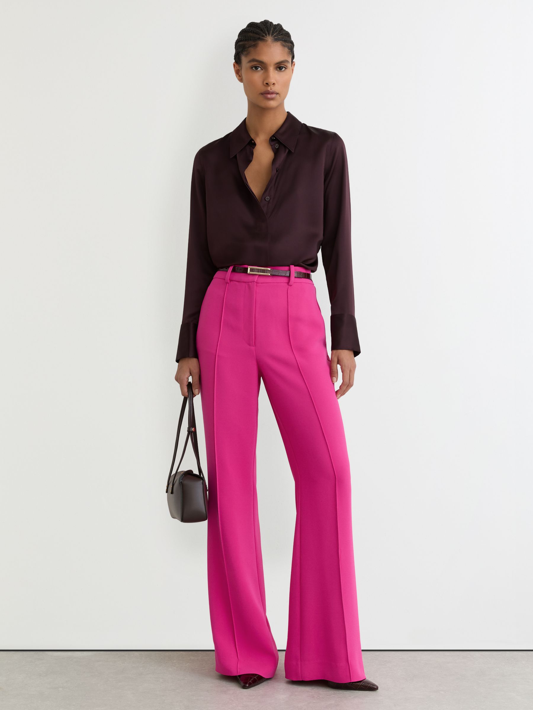 Seam-Detail Flared Trousers in Bright Pink