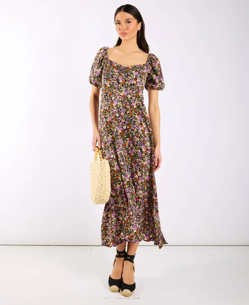 Purple Floral Sweetheart Neck Midi Dress