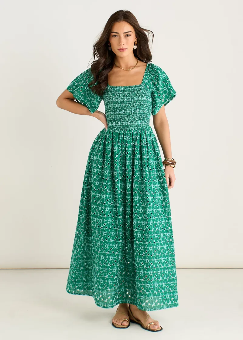 Green Floral Broderie Shirred Midi Dress