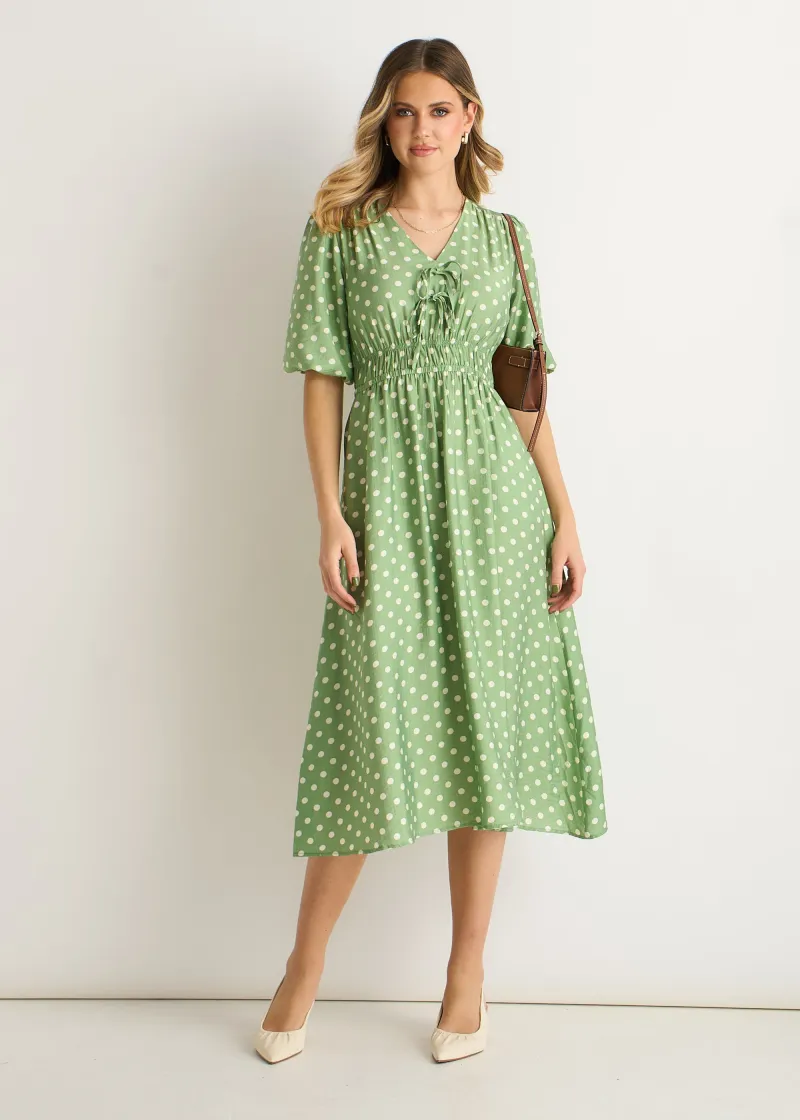 Sage Green Spot Print Shirred Waist Shift Midi Dress