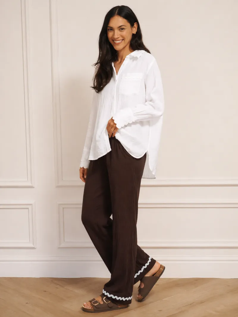 Gauze Wide Leg Trouser Chocolate Cream Contrast Ric Rac Trim