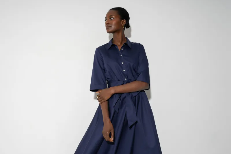 Le Marais Relaxed Fit Midi Shirt Dress in Navy Cotton Sateen
