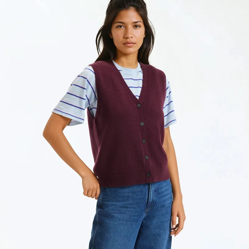 Wool Short Buttoned Sleeveless V-Neck Cardigan — image 1 of 4