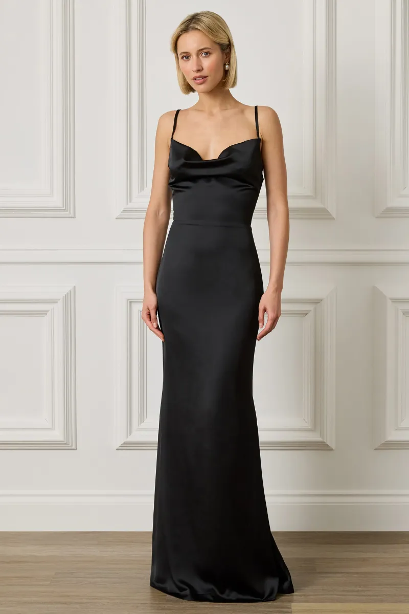 PENNY Satin Cowl Neck Scoop Back Maxi Dress in Black — image 1 of 5
