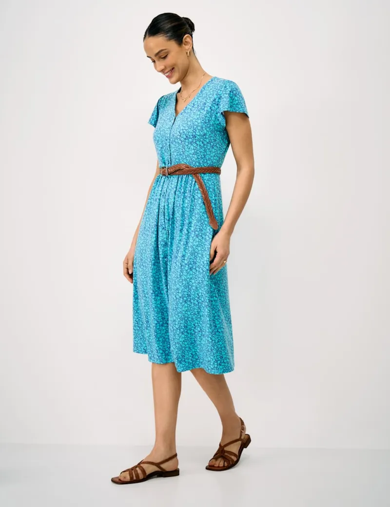 Jersey Floral V-Neck Midi Skater Dress Turquoise