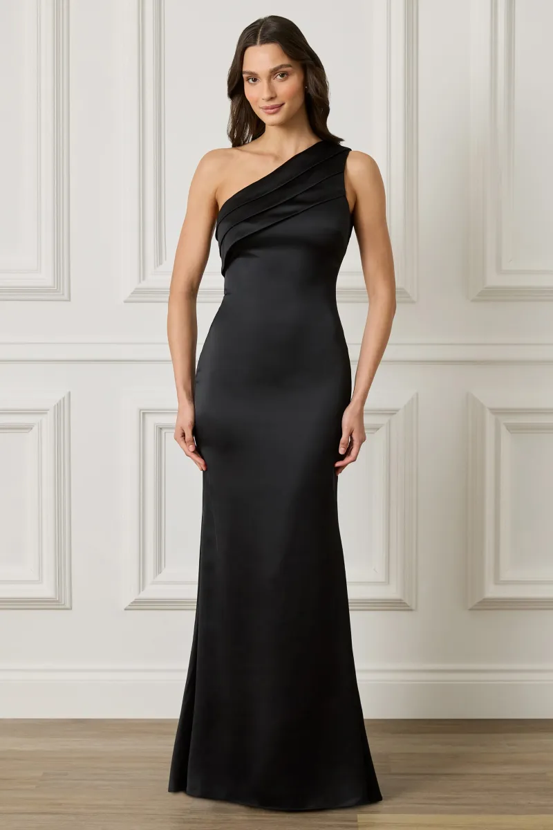 SADIE Asymmetric Pleated Satin Maxi Dress in Black — image 1 of 5