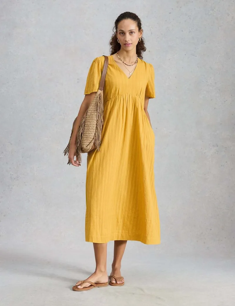 Pure Cotton Textured V-Neck Midi Waisted Dress Yellow