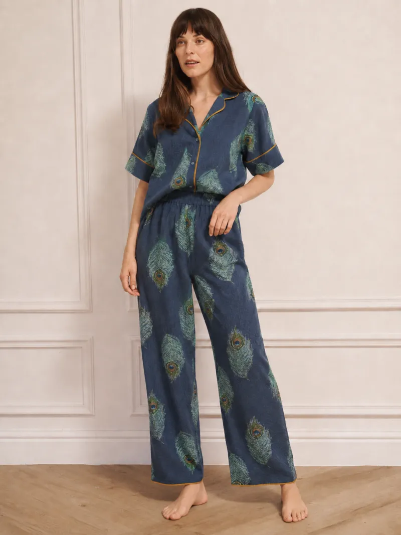 Linen Mix Oversize Pyjamas Navy Peacock Feather
