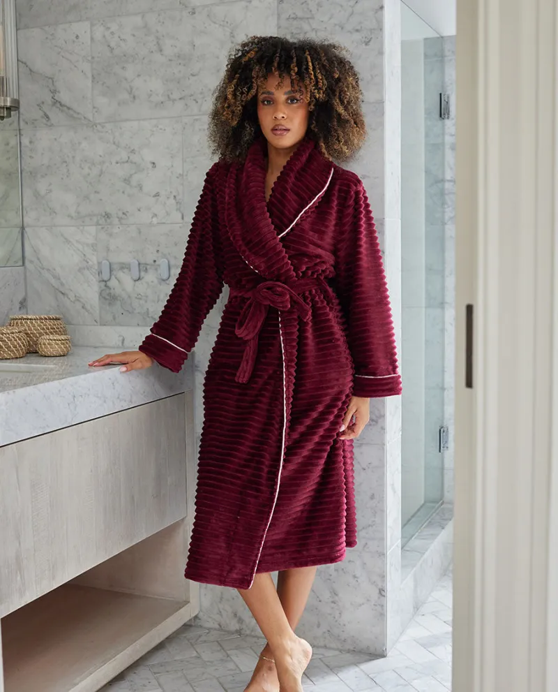 Womens Striped Burgundy Cosy Robe