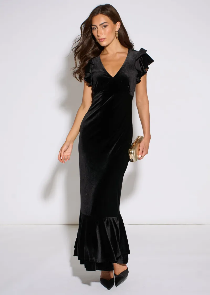 Black V Neck Ruffle Sleeves Velvet Occasion Maxi Dress