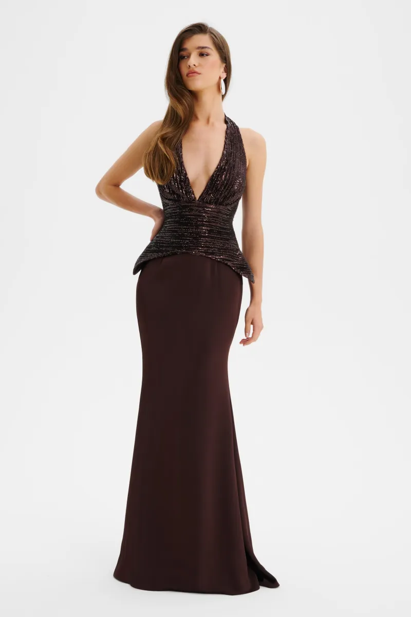 LUCIENNE Pleated Sequin Hourglass Corset Maxi Dress In Brown UK 6