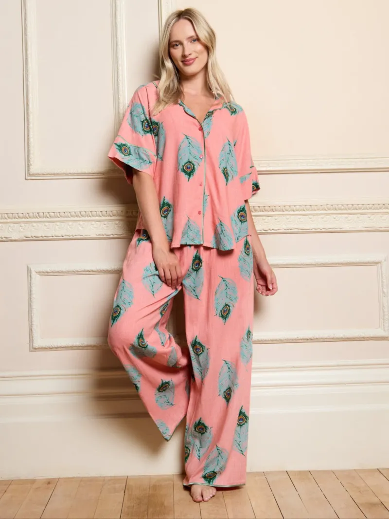 Linen Mix Oversize Pyjamas Pink Peacock Feather