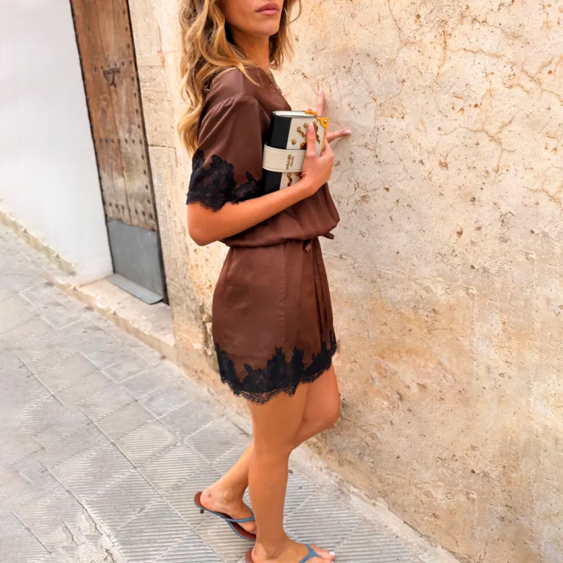 Chocolate T-Shirt Dress With Black Lace — image 1 of 3