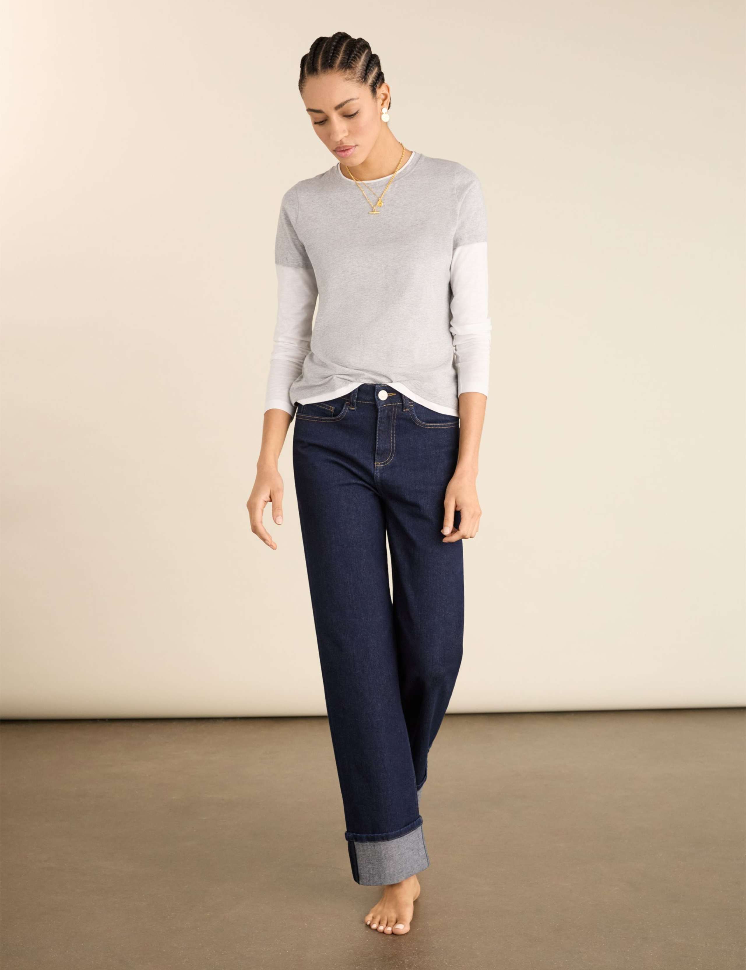 Mid Rise Straight Leg Turn Up Jeans