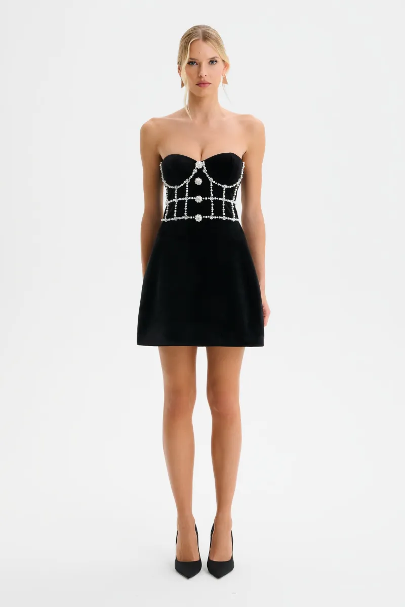 MASIE Pearl Embellished Velvet Tulip Dress in Black