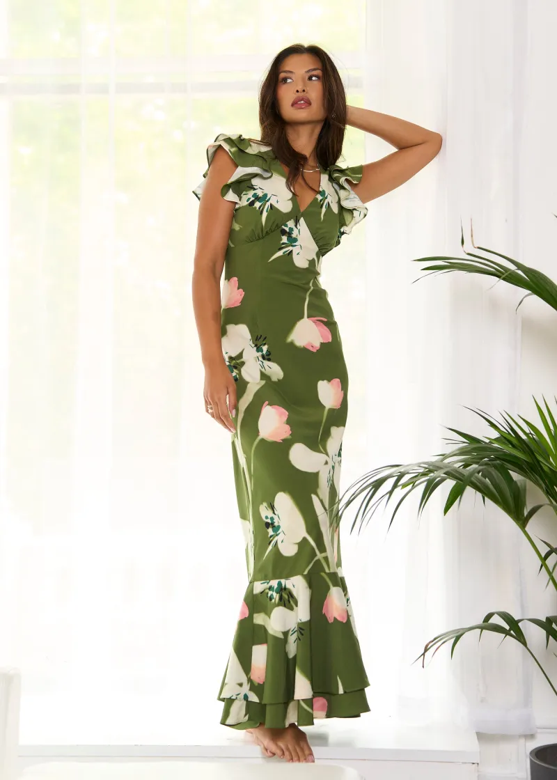 Green Floral Ruffle Maxi Dress