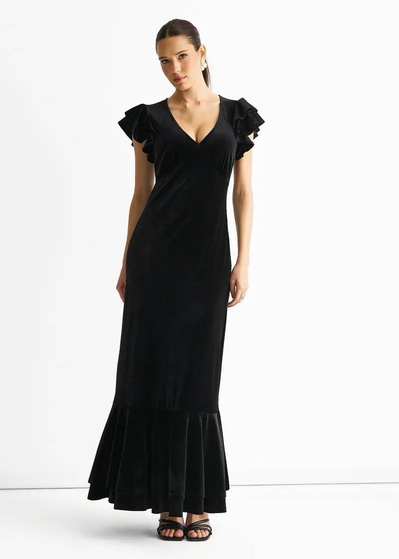 Black V Neck Ruffle Sleeves Velvet Occasion Maxi Dress