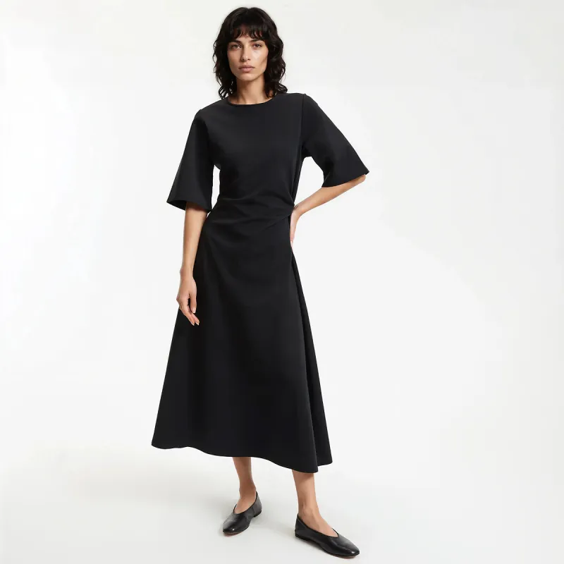 Elbow Length Sleeve Draped Waist Midi Dress — image 1 of 4