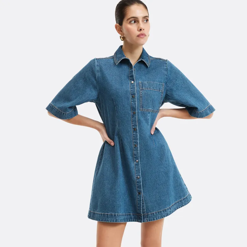 Denim Full Mini Dress with Front Press-Stud Fastening and Short Sleeves — image 1 of 4