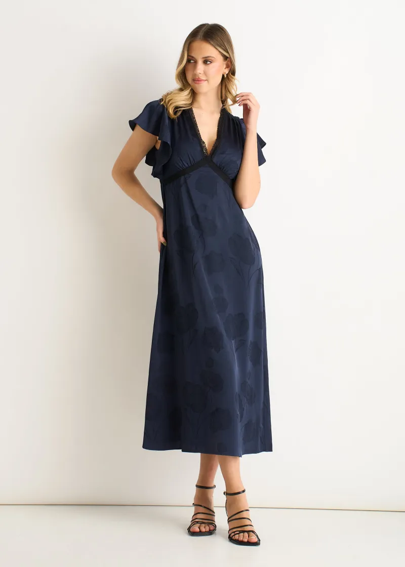 Navy Floral Satin Jacquard Lace Trim Midi Dress