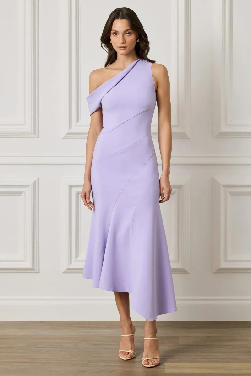 LEANNA One Shoulder Asymmetric Draped Hem Midi Dress In Lilac — image 1 of 5