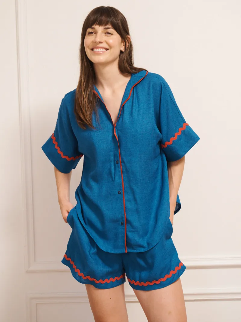 Cobalt Blue With Contrast Ric Rac Trim Linen Blend Oversize Short Pyjama Set