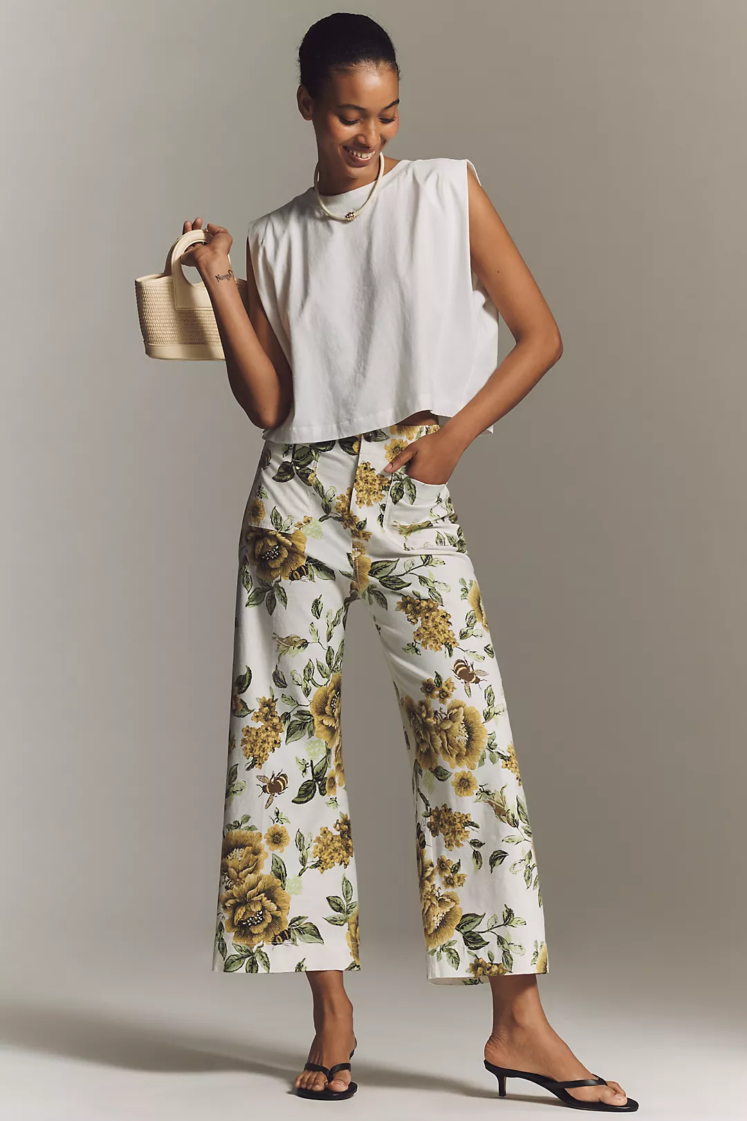 The Colette Cropped Wide-Leg Trousers by Maeve: Printed Linen Edition