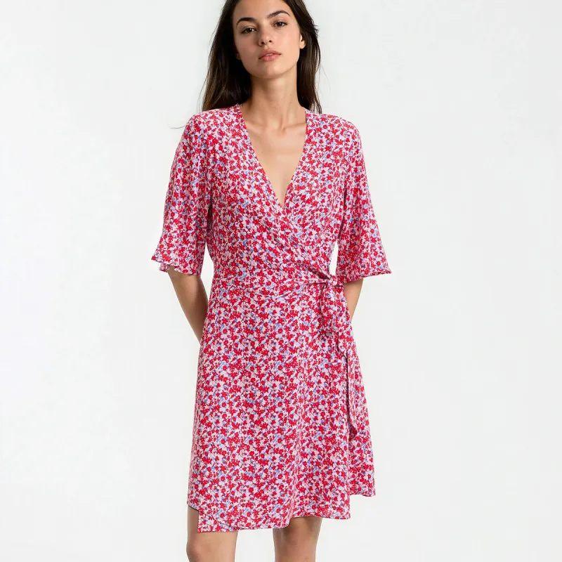 Floral Full Wrapover Mini Dress with Short Sleeves — image 1 of 4