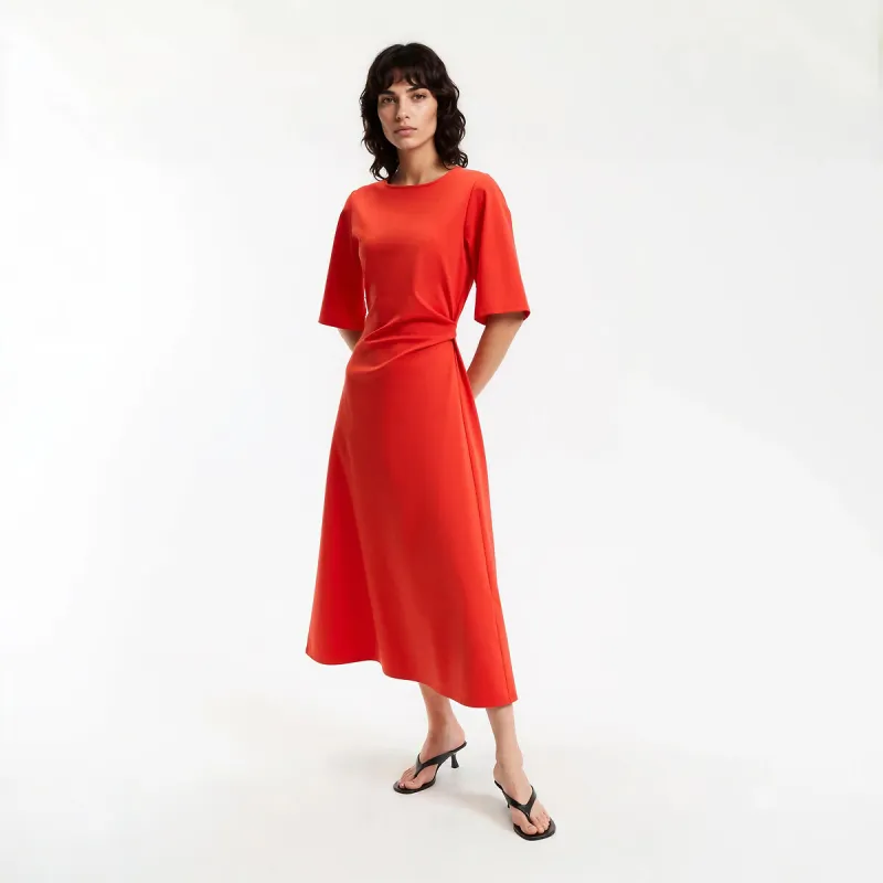 Elbow Length Sleeve Draped Waist Midi Dress — image 1 of 4