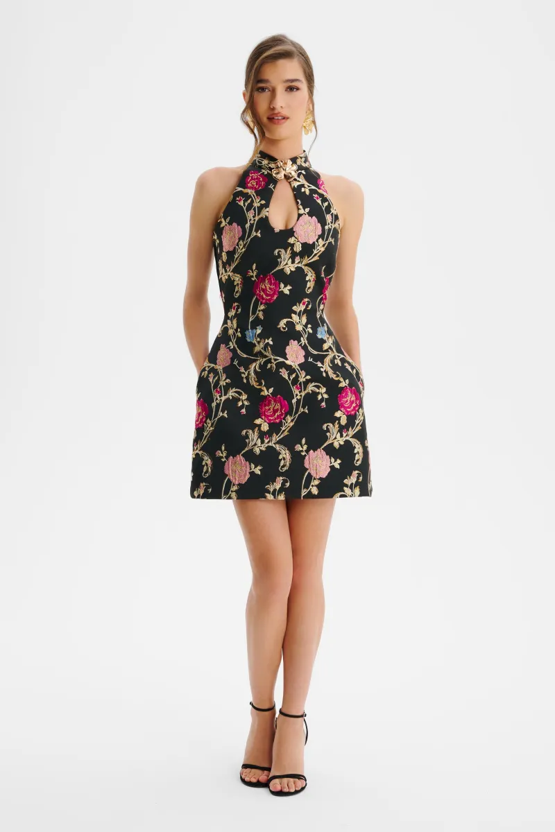 VIOLETTA Metallic Floral Brocade High Neck Mini Dress In Black