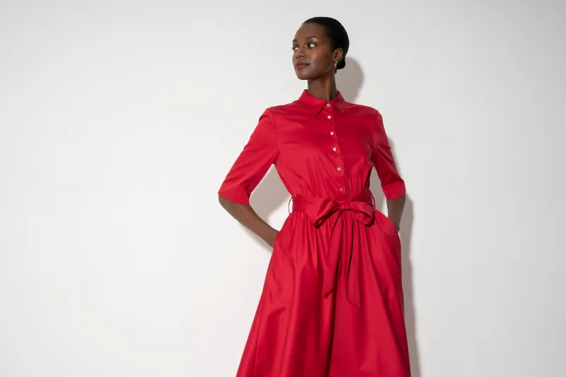 Le Marais Relaxed Fit Midi Shirt Dress in Red Cotton Sateen