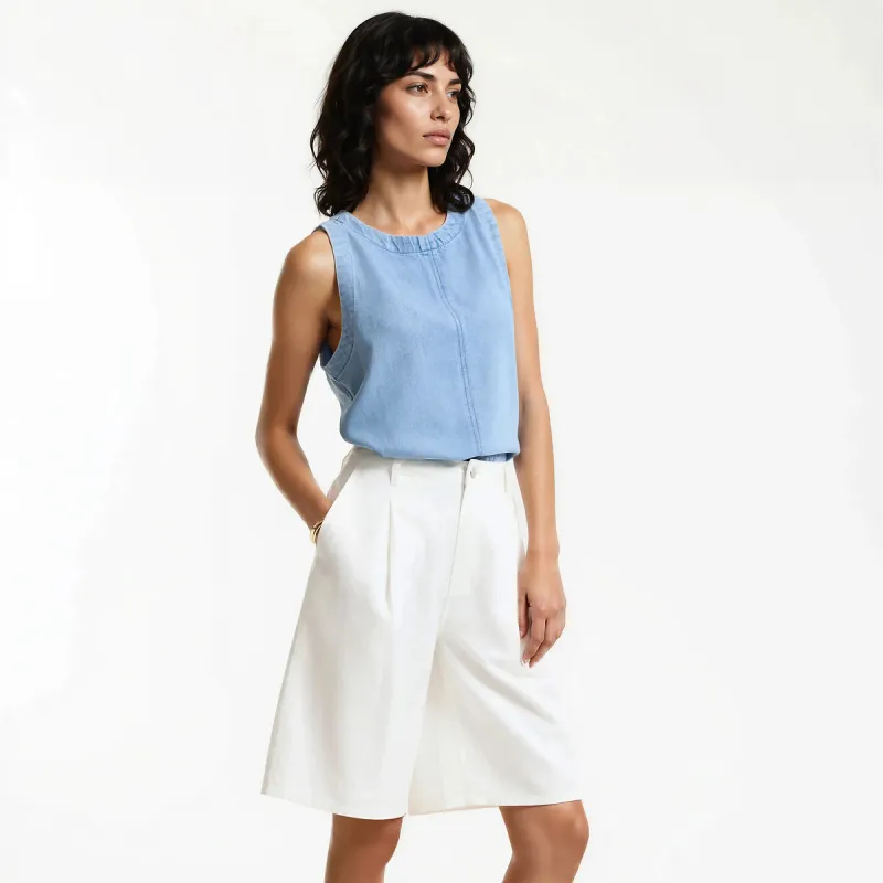 Denim Sleeveless Top with Crew Neck — image 1 of 4