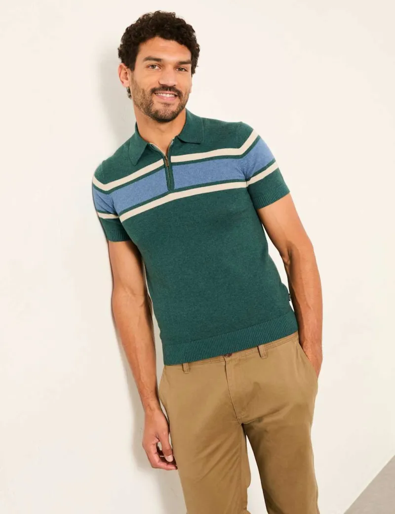 Cotton Rich Striped Polo Shirt with Cashmere Green Mix