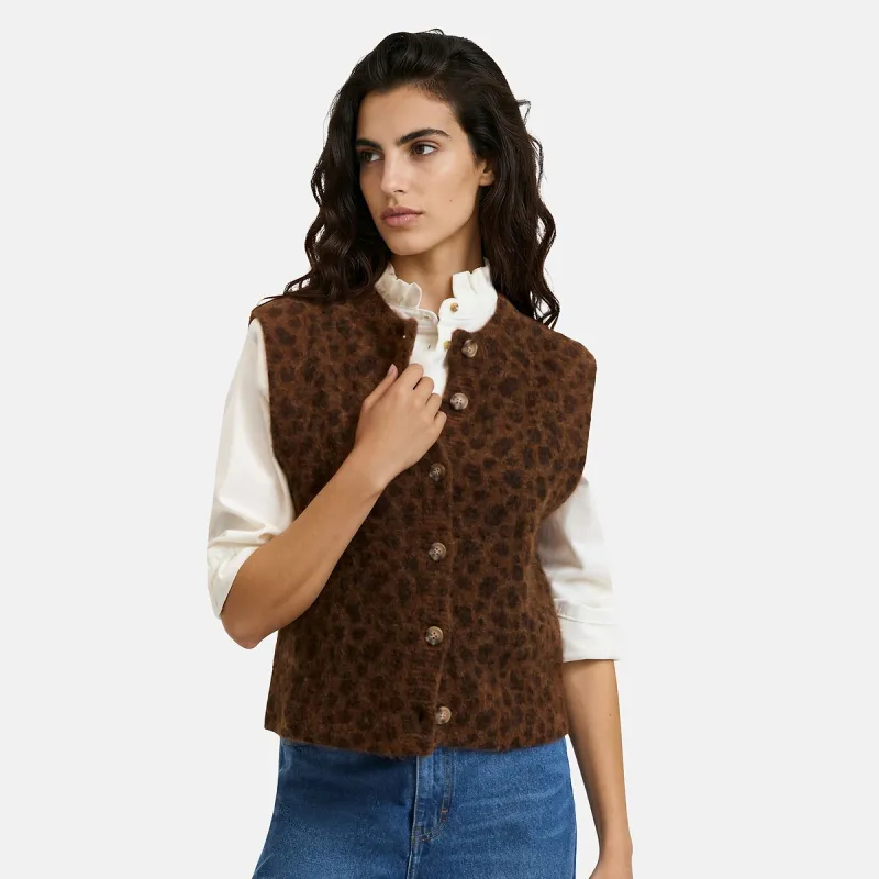 Leopard Print Alpaca/Wool Blend Sleeveless Cardigan — image 1 of 4