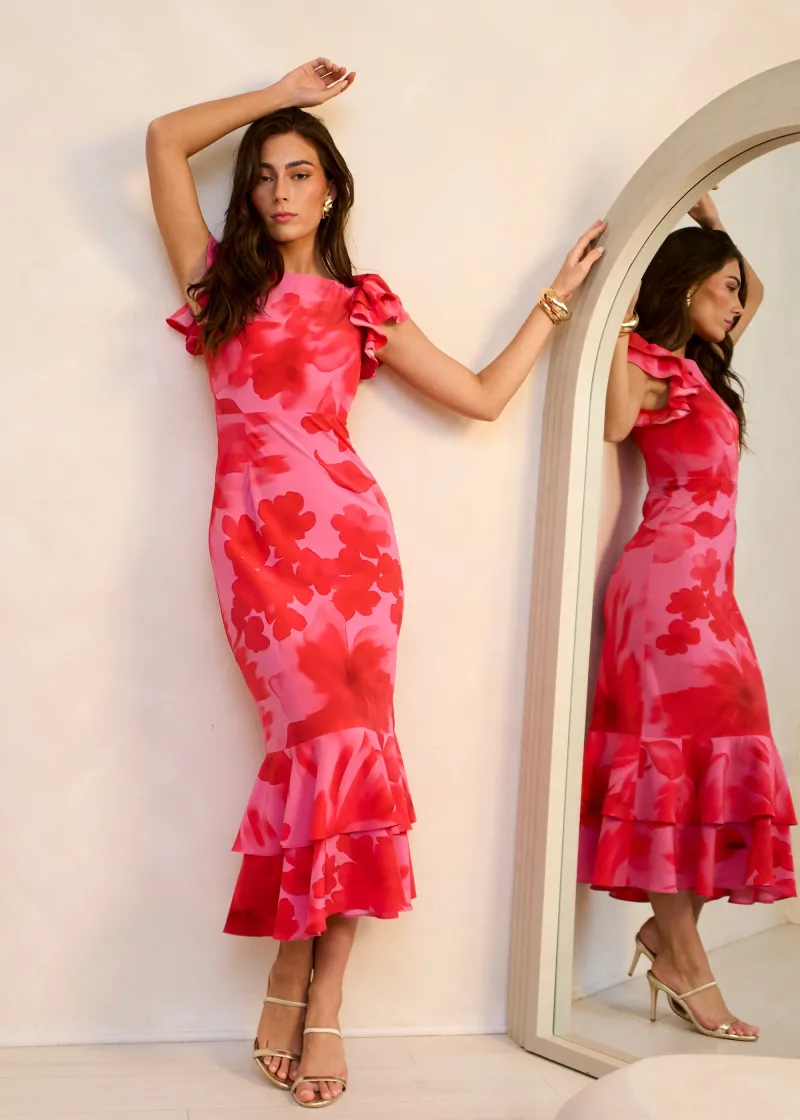 Pink Watercolour Floral Print Ruffle Midaxi Dress