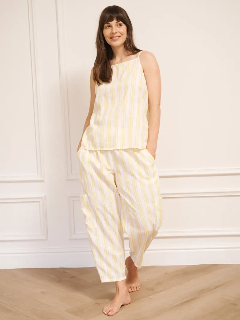 Buttermilk Yellow Stripe Linen Blend Apron Top & Barrel Leg Trouser Pyjama Set