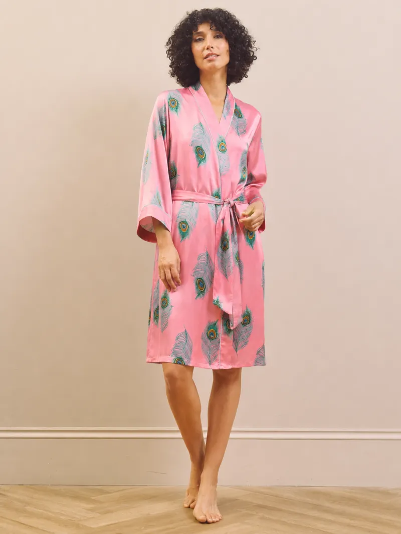 Satin Kimono Robe Warm Pink Peacock Feather